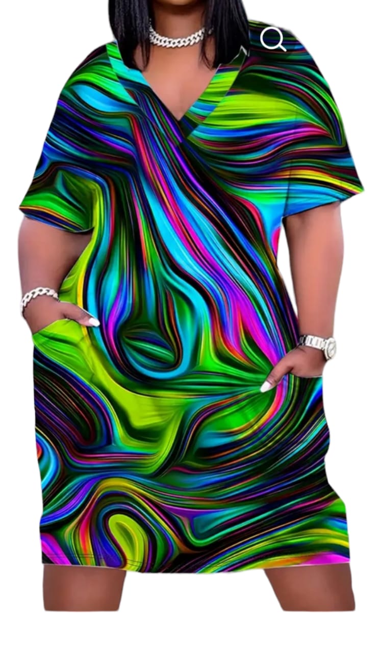 Plus size casual  dress, women's plus marble print short sleeve v neck dress with pocket.