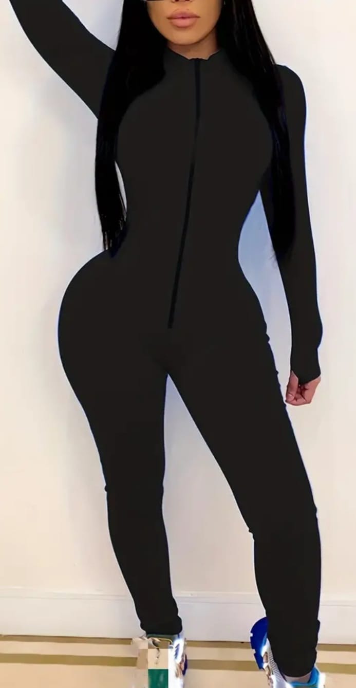 Women black long sleeve zipp up front jump suits.