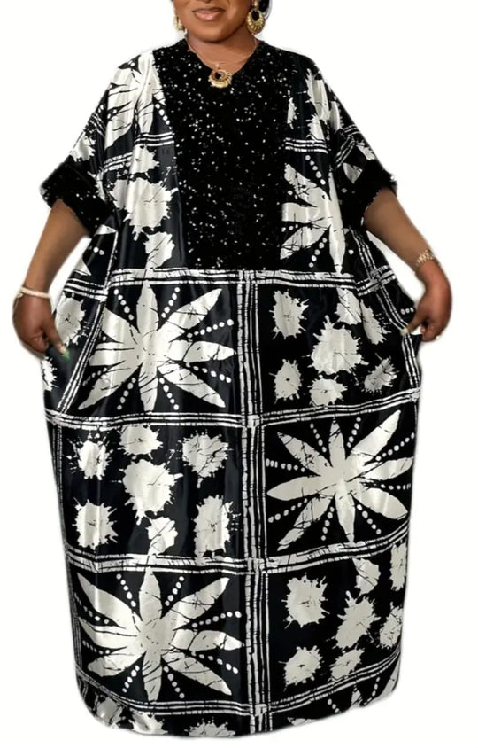 Woman  plus size Abaya dress colorblock allover geometric prints bat sleeve maxi dress.