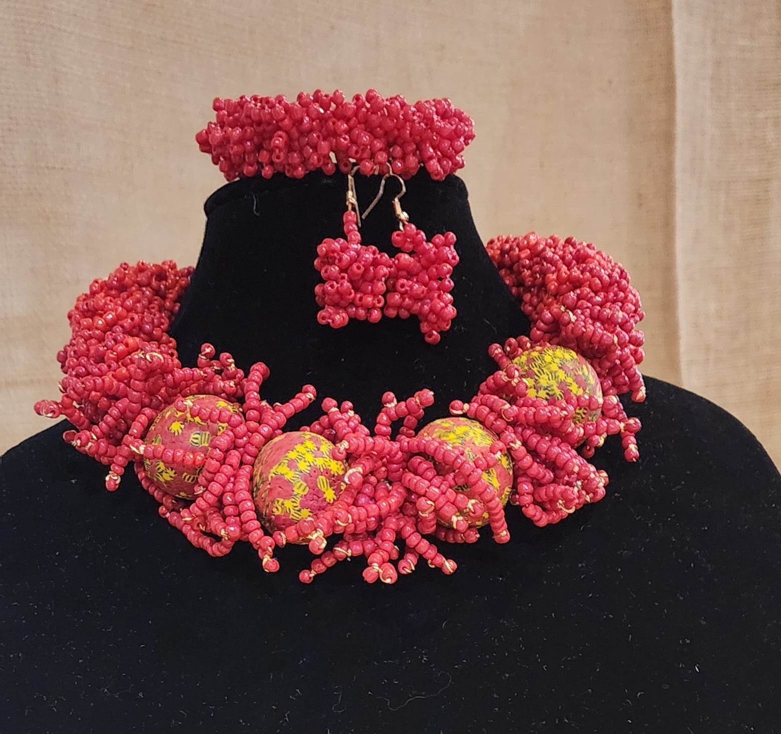 Chunky 3 piece handmade krobo beads and seed beads necklace set