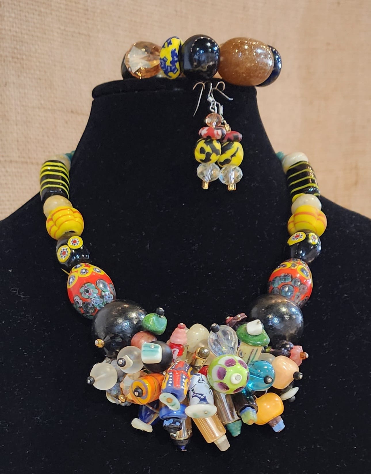 Elegant 3 piece handmade mix glass beads, krobo beads, and south African stone necklace set