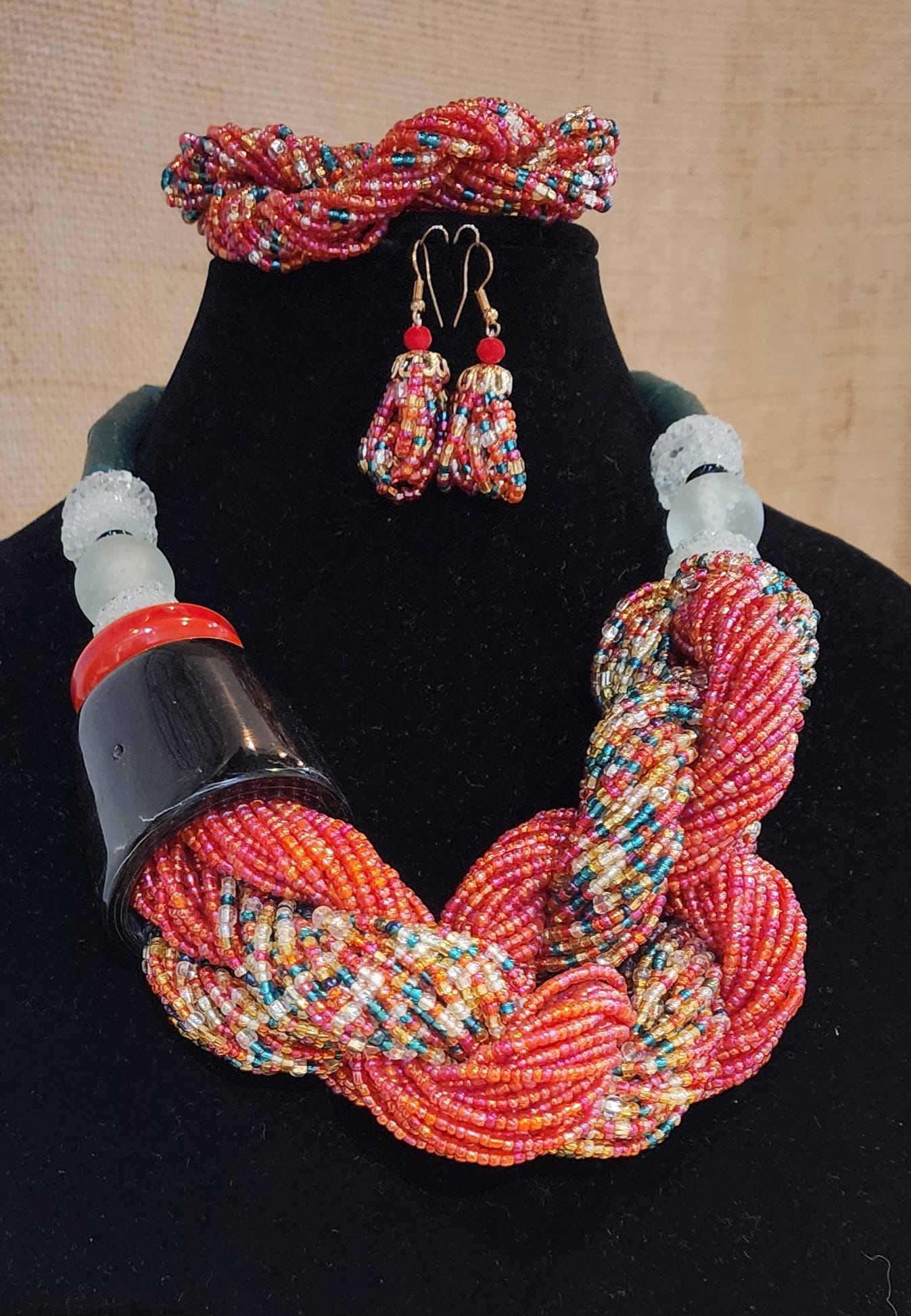 Chunky 3 piece beautiful handmade seed beads and Krobe beads necklace set
