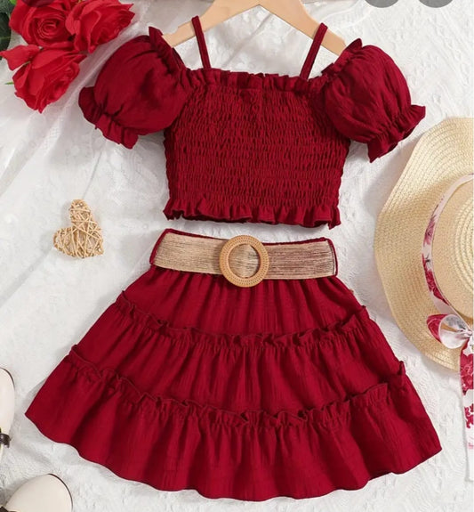 Girl red elegant cut cami off shoulder suffered top & skirt set for summer holiday beach party.