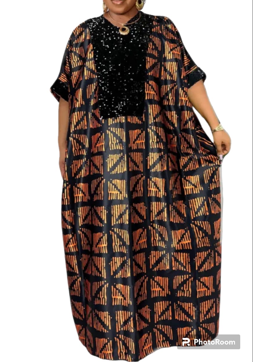 Woman  plus size Abaya dress colorblock allover geometric prints bat sleeve maxi dress.