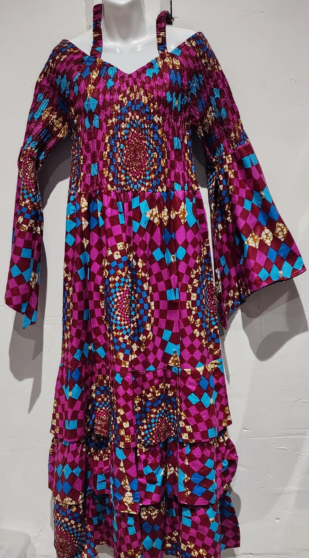 Multi-colored women long sleeve long raffle dress, off shoulder with elastic, two side pockets and head scarf.