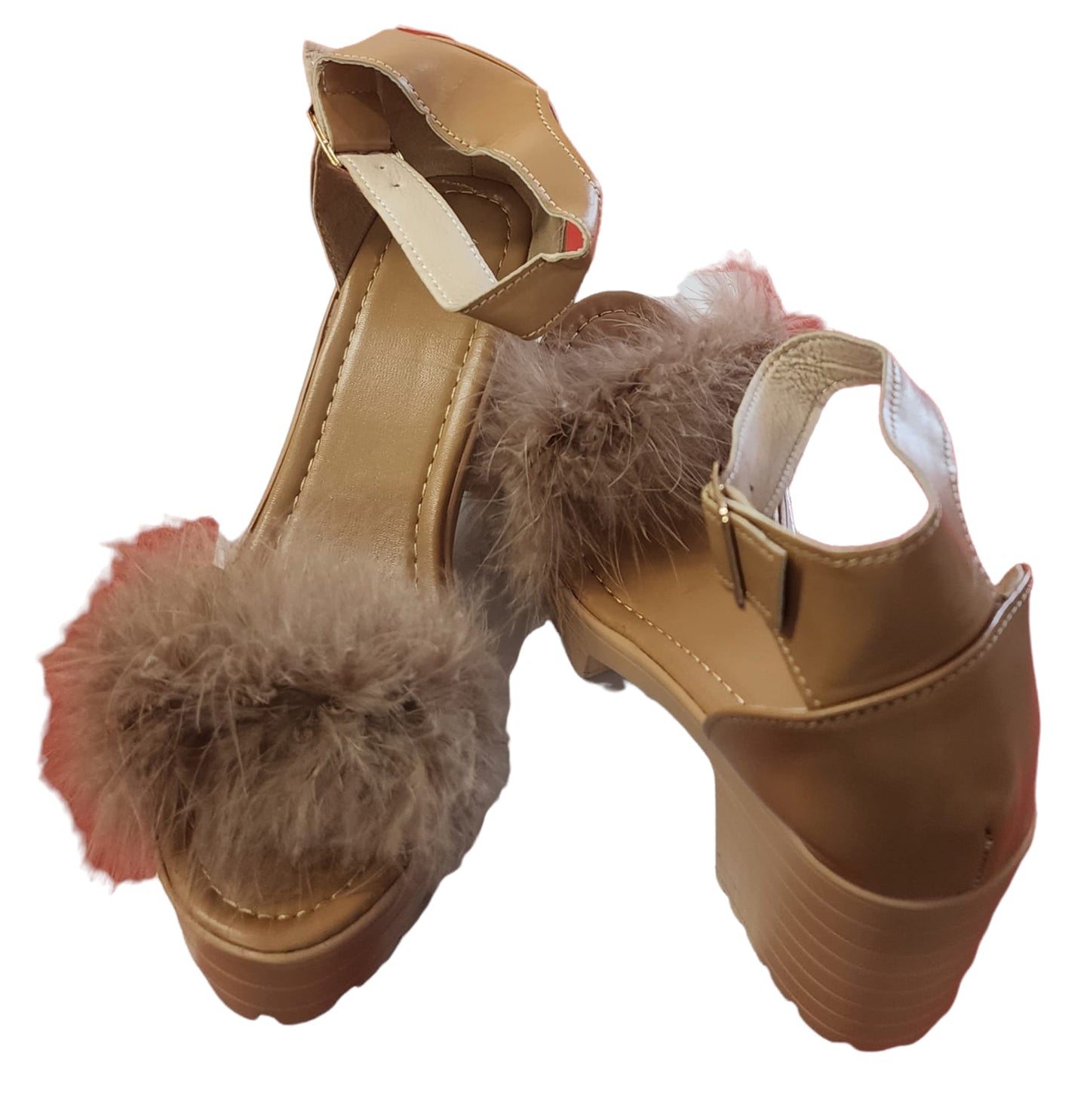 Ladies wedge shoes ankle strap with fur.