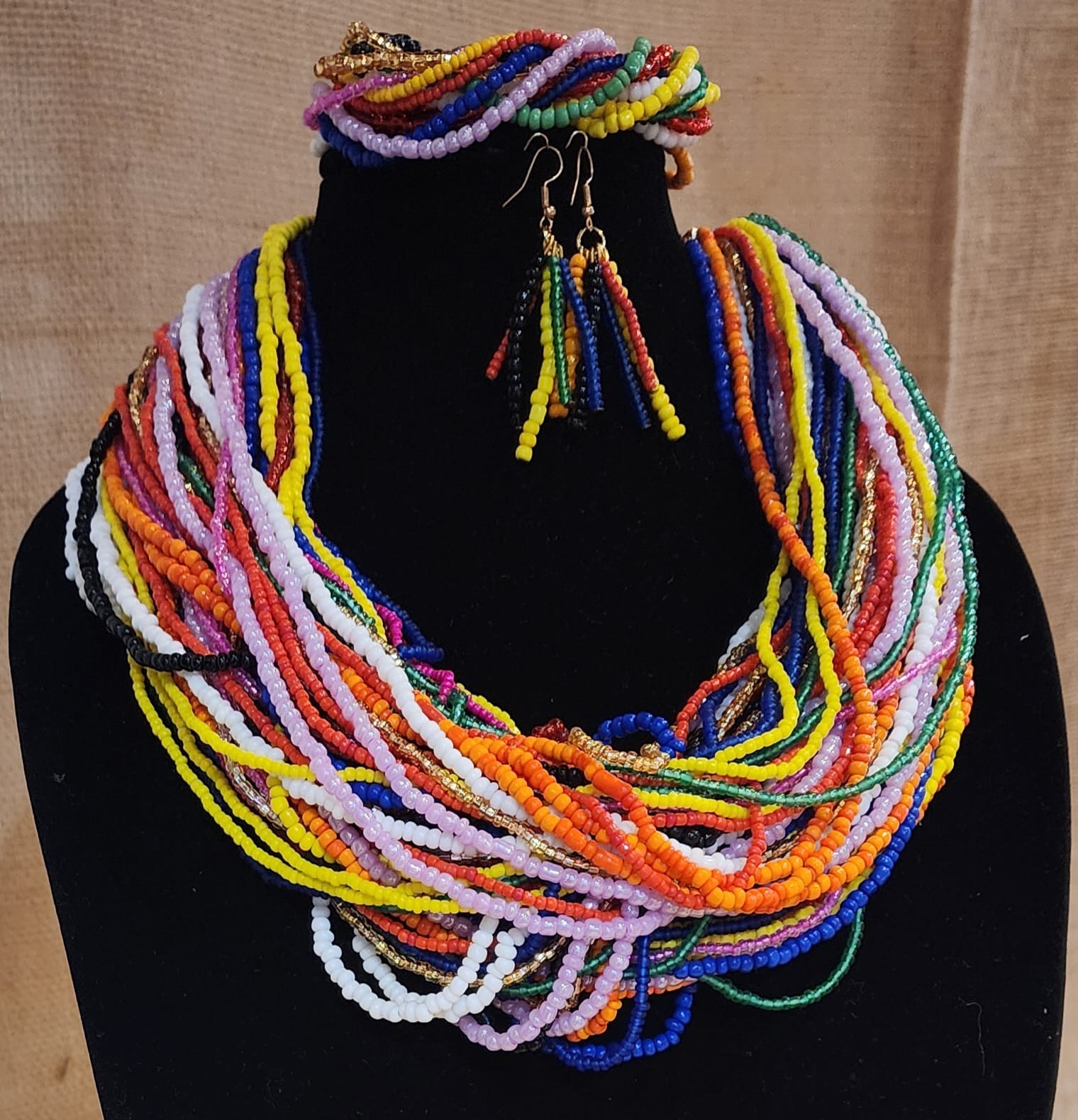3 pieces big and bold multi color multi layer handmade seed beads necklace set