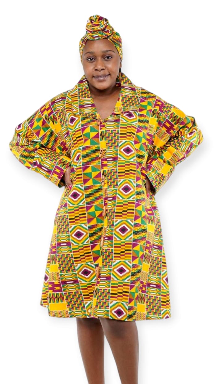 Yellow Print African Coat Dress with scarf and pockets