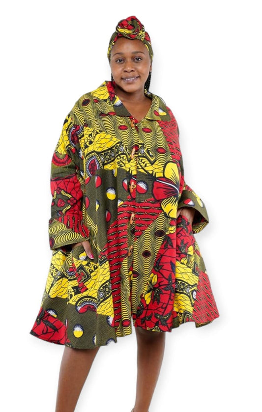 Multi-Color African Coat Dress with pockets and scarf