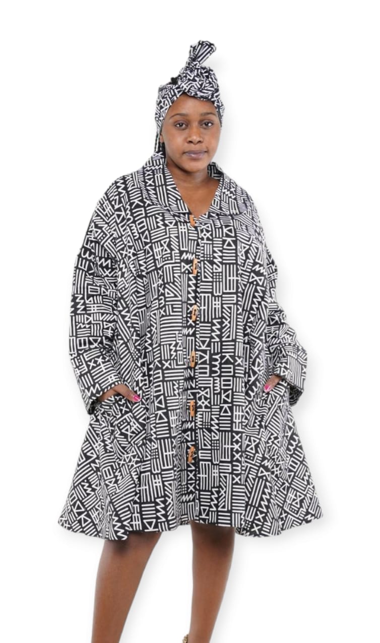 Black / White African Coat Dress with pockets and scarf