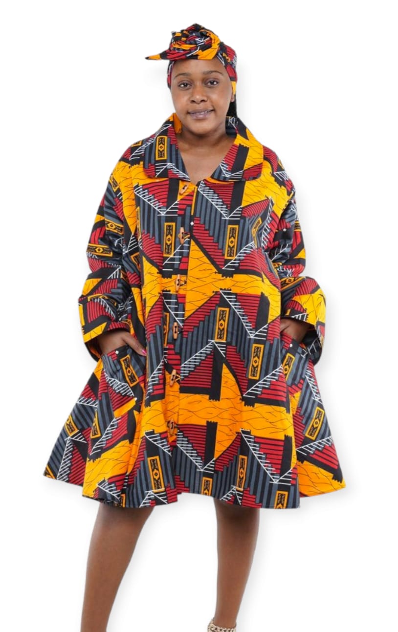 African Coat Dress with pockets and scarf
