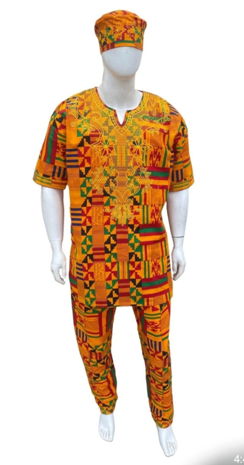 Men African Kente Embroidery Suit with Hat