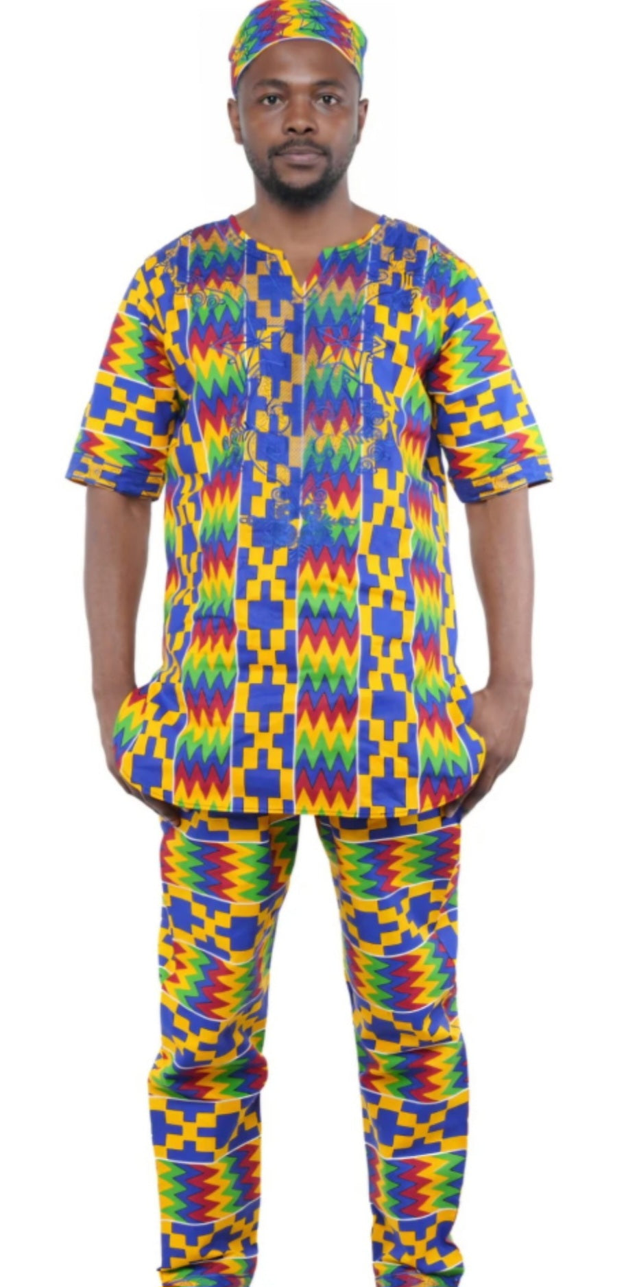 Men African Kente Embroidery Suit with Hat