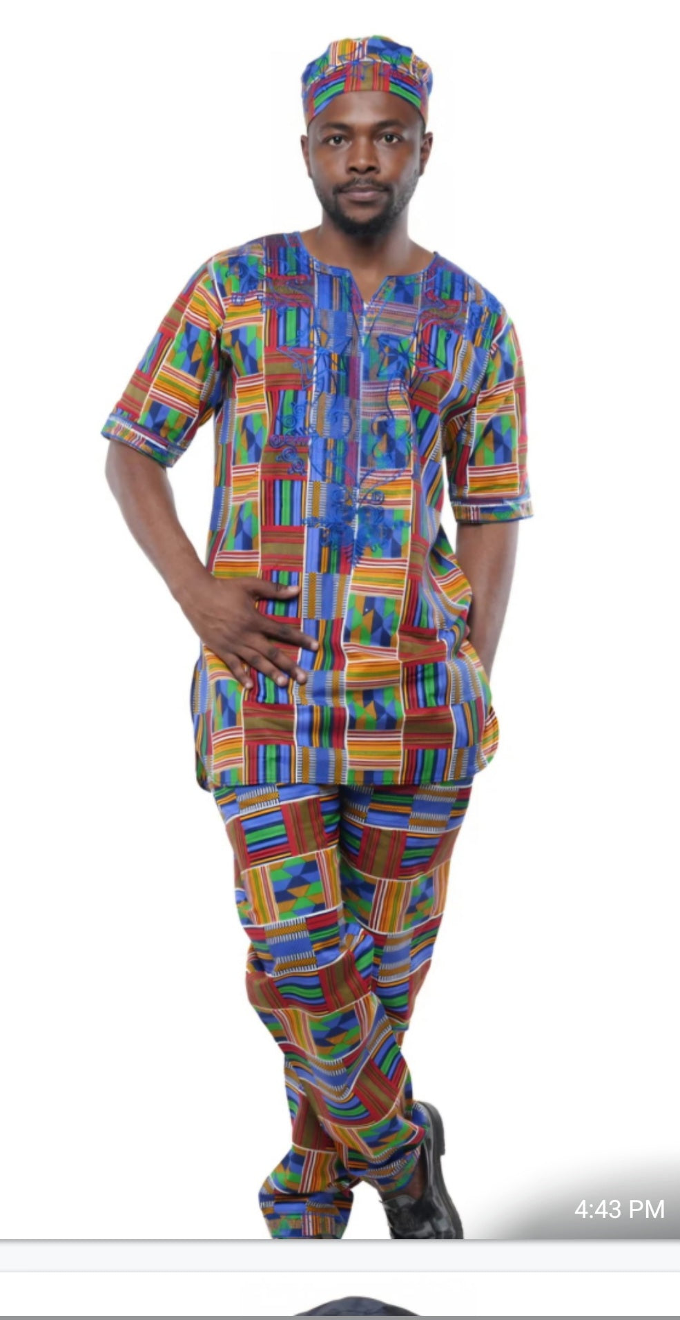 Men African Kente Embroidery Suit with Hat