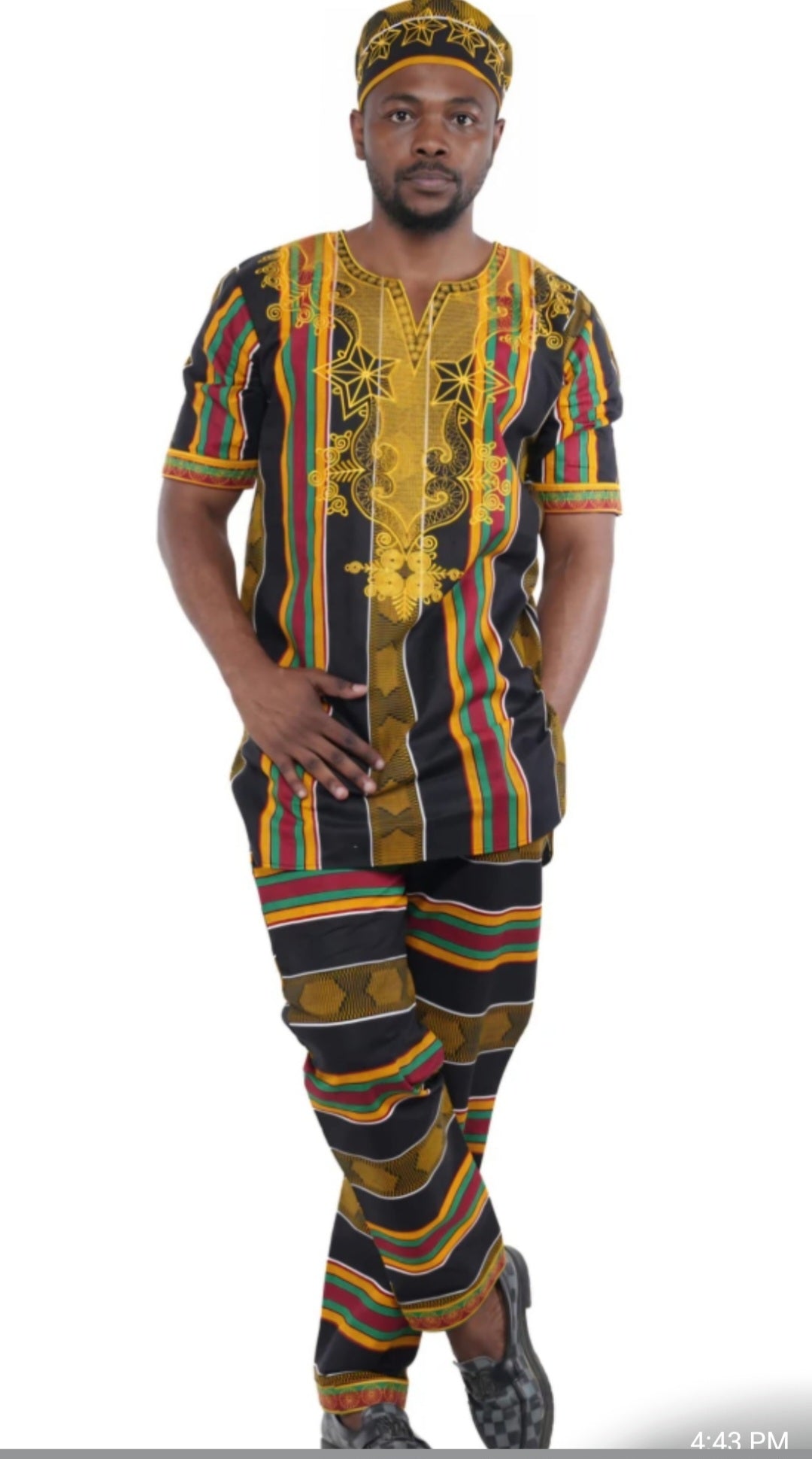 Men African Kente Embroidery Suit with Hat