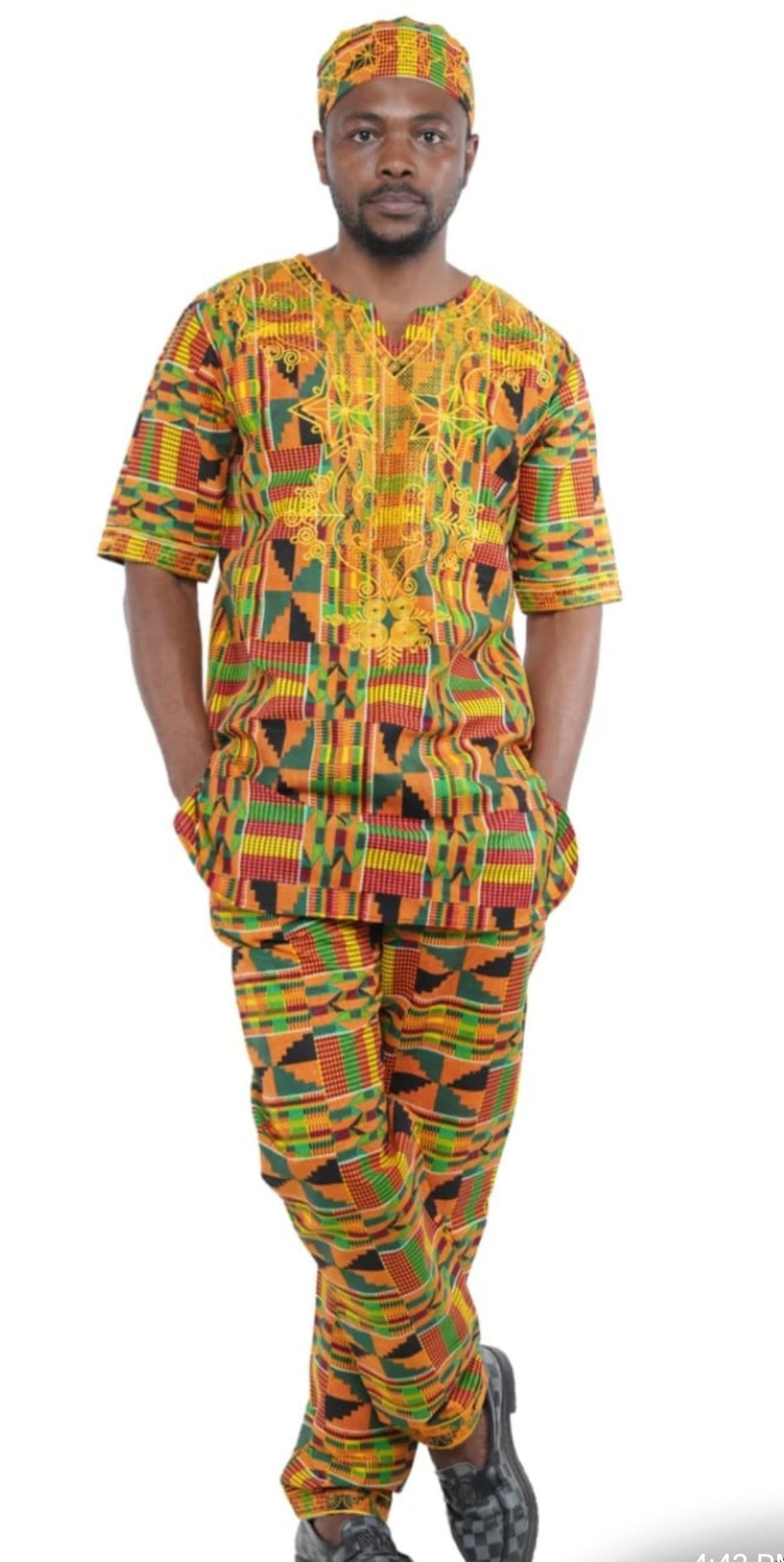 Men African Kente Embroidery Suit with Hat