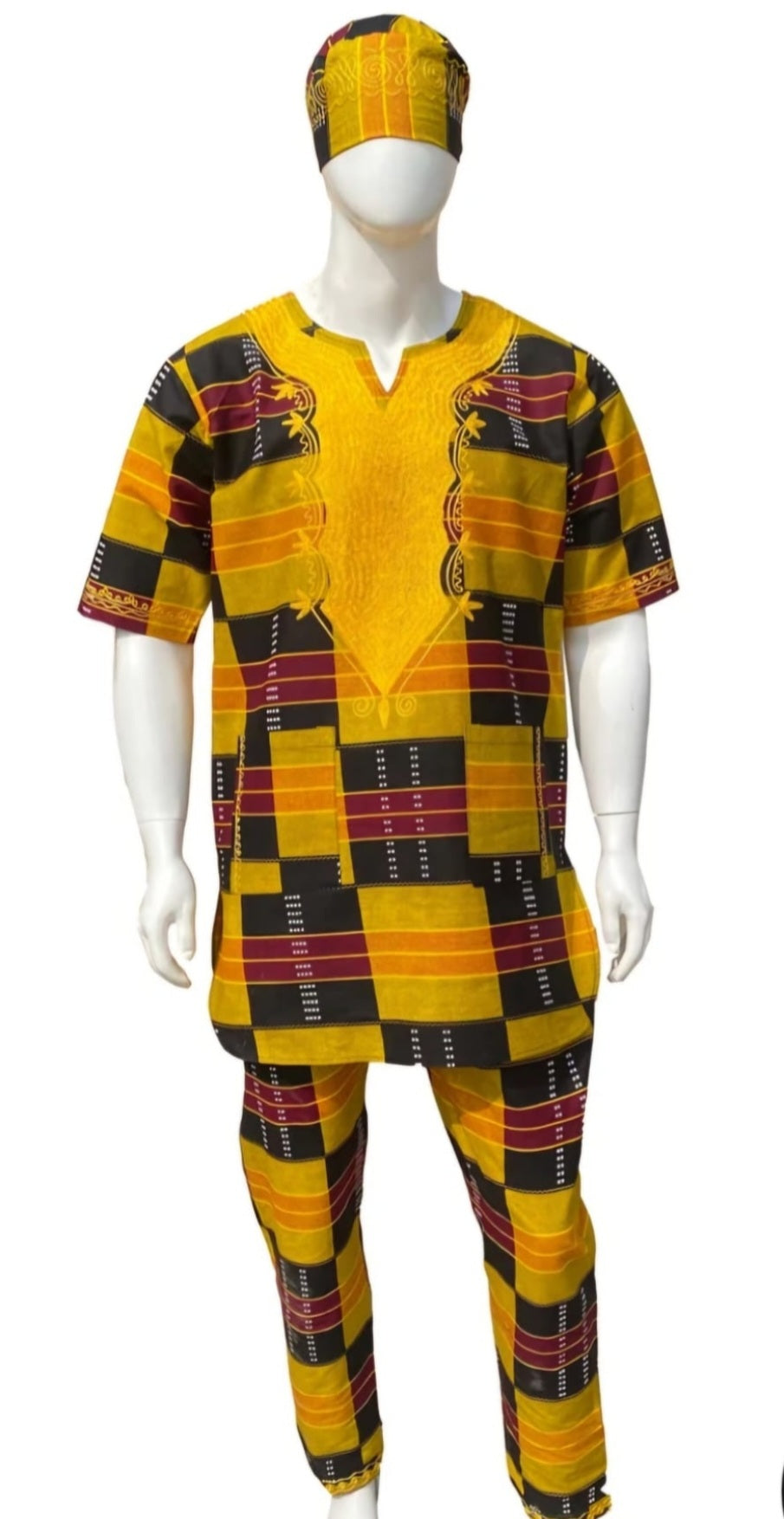 Men African Kente Embroidery Suit with Hat