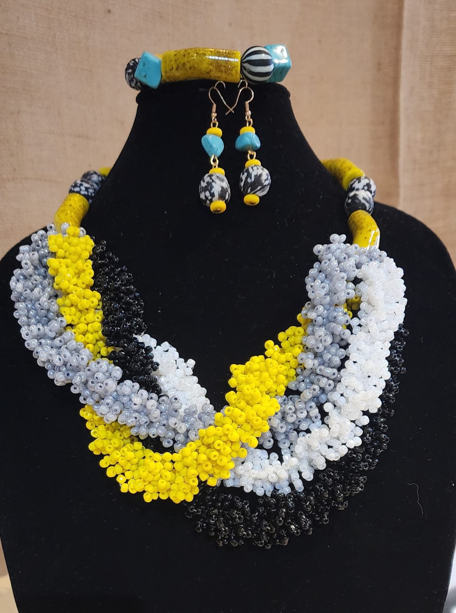 Big and bold 3 pieces, one  of a kind handmade krobo beads and seed beads necklace set
