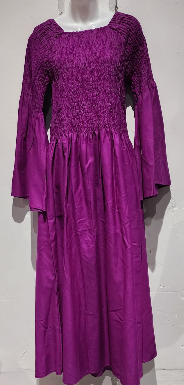 Woman Purple long sleeve , elastic top two sizes pocket head scarf Maxi dress.