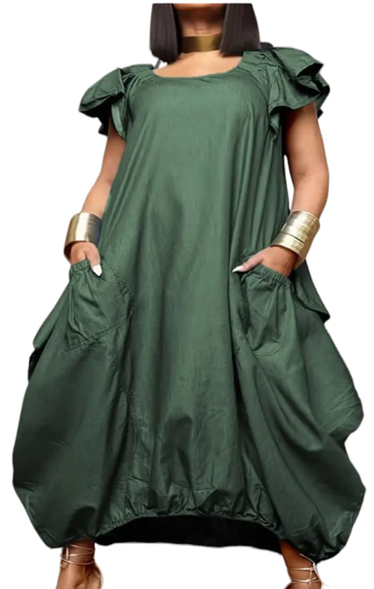 elegant dress woman's Plus solid round neck ruffle sleeve pocket dress