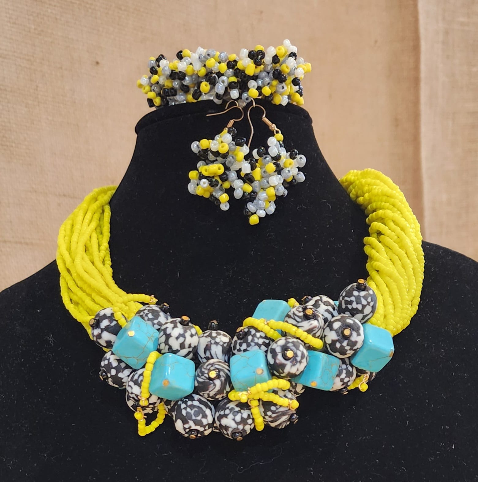 One of a kind 3 piece handmade seed beads and krobo beads necklace set
