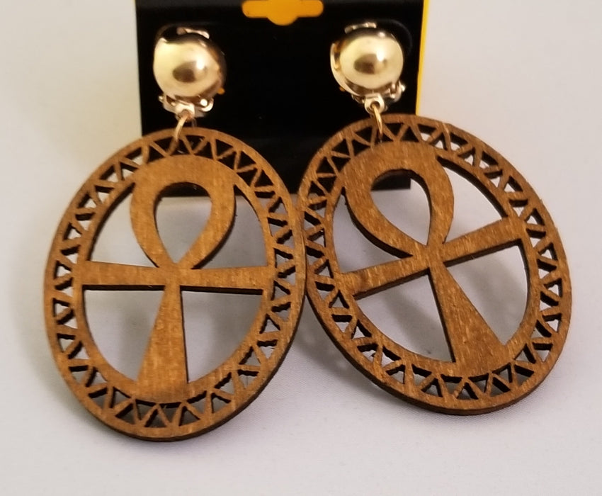 Wooden Brown Ankh Clip-On Earrings