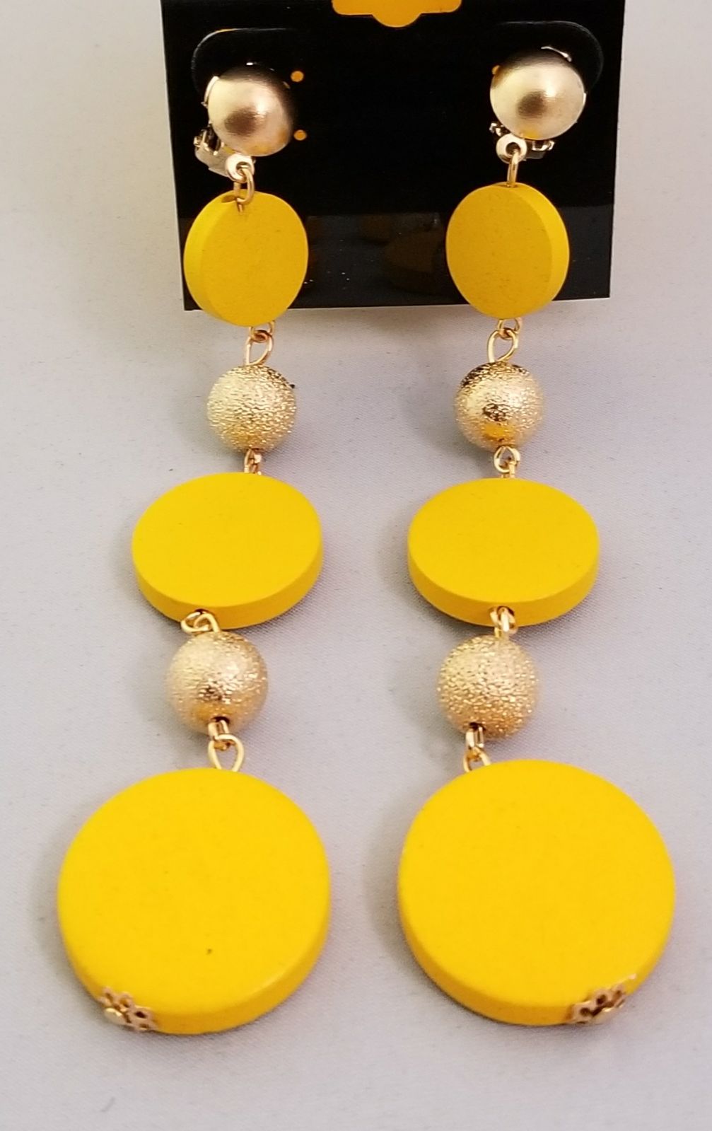 Long Yellow Wooden Clip-On Earrings