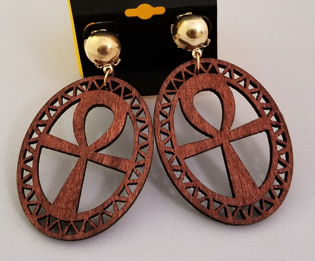 Wooden Stained Ankh Clip-On Earrings