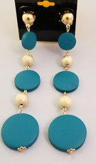 Long Turquoise Wooden Clip-On Earrings