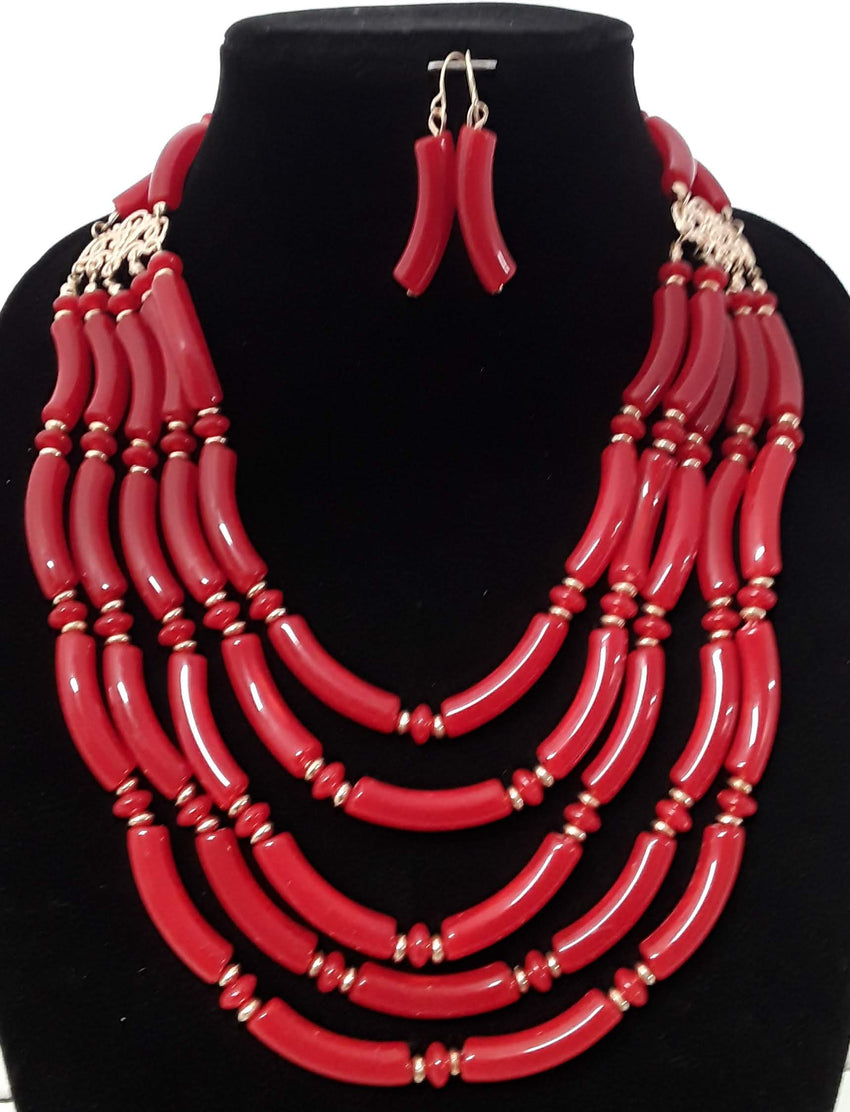 Exotic Red 2 pc Five Layered Necklace Set