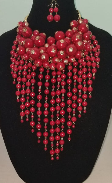 Big Beautiful Red Pearl Necklace Set