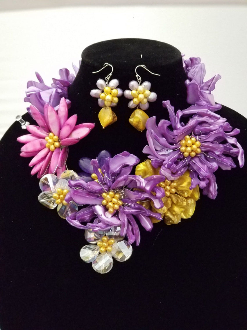 Purple Yellow Pearl Shell Necklace Set