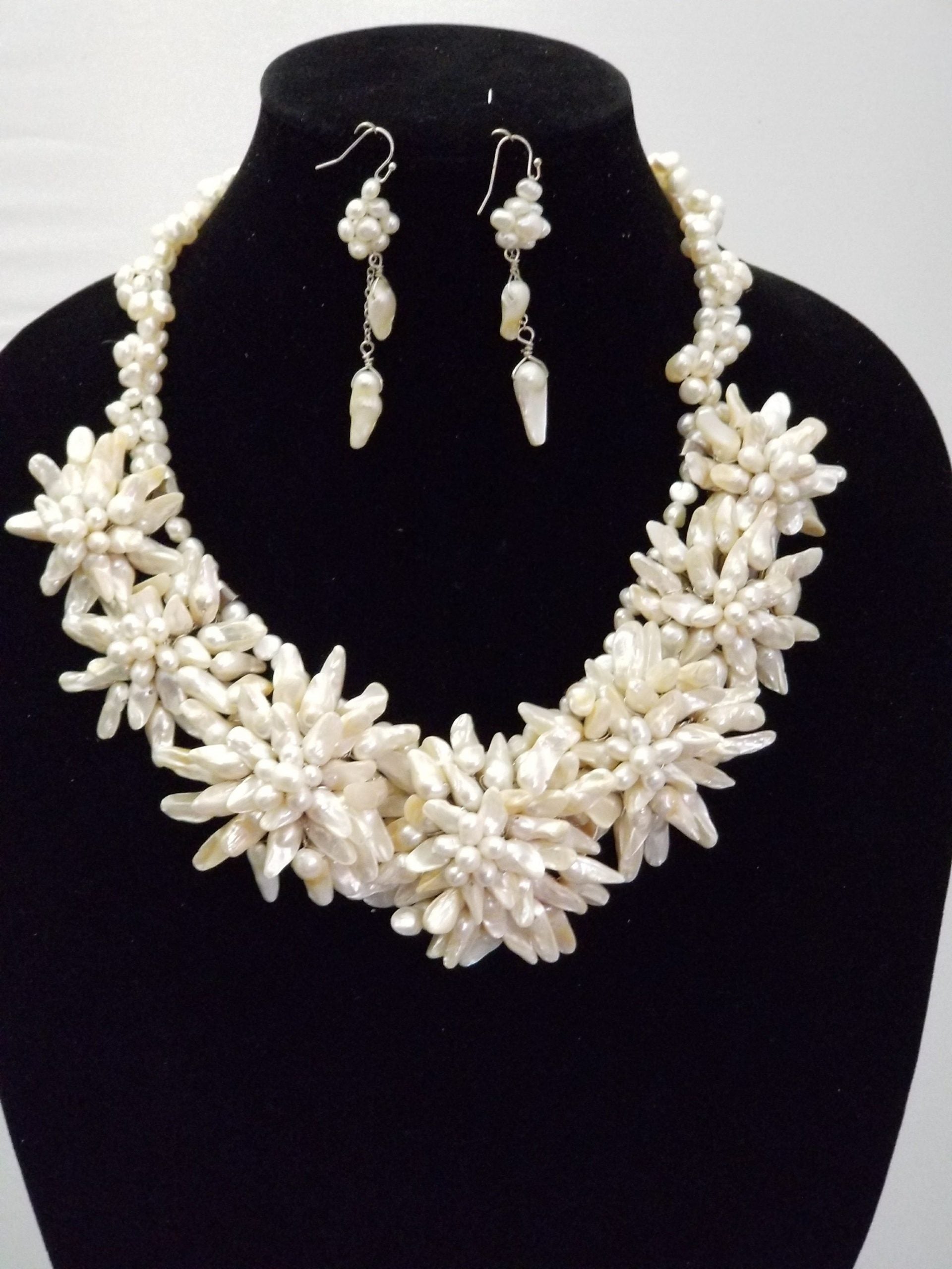 Elegant Natural White Teeth Sharp Freshwater Pearl Statement Set - Theresa Exotic Apparel