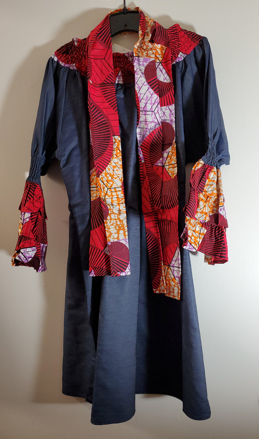 Ladies African Red/Yellow Print Shoulder Denim Dress