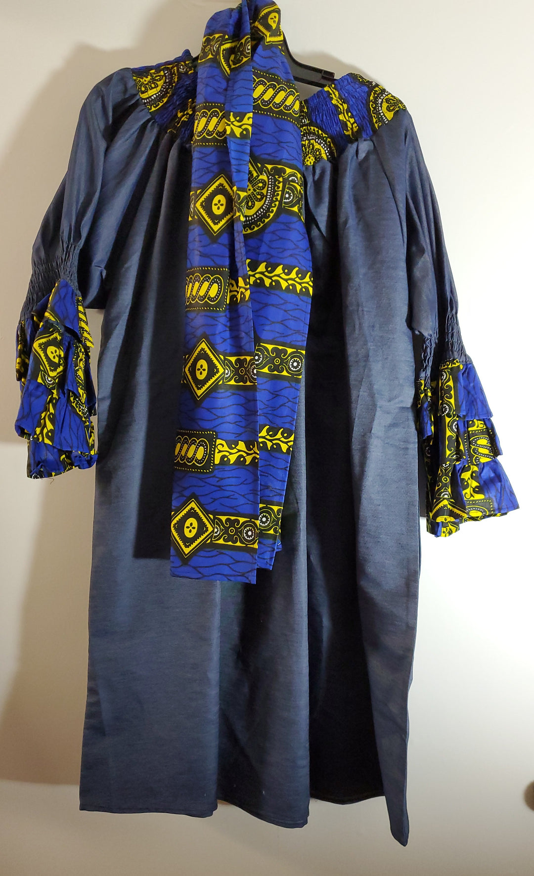 Ladies African Yellow/Blue Print Denim Dress