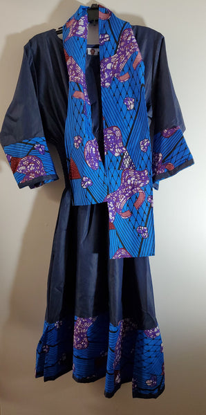 Ladies African Blue/Purple Print Elastic Waist Denim Dress