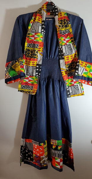 Ladies African Red/Yellow Print Elastic Waist Denim Dress
