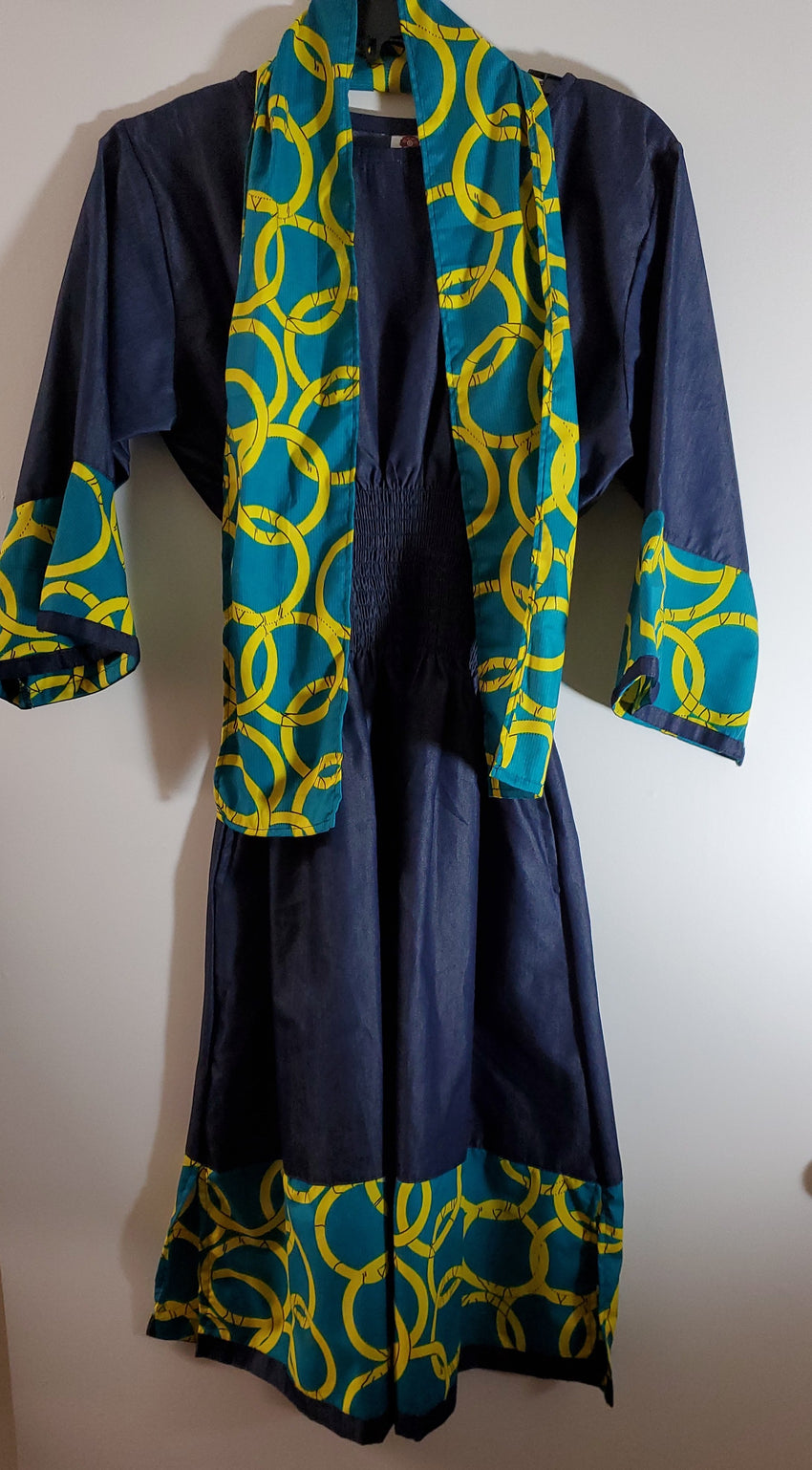 Ladies African Green/Yellow Print Elastic Waist Denim Dress