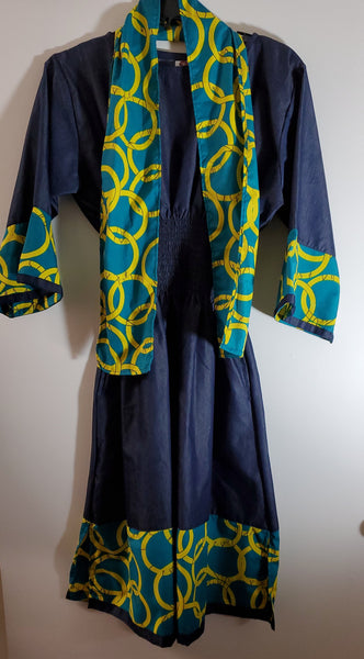 Ladies African Green/Yellow Print Elastic Waist Denim Dress