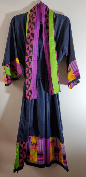 Ladies African Green/Purple Print Elastic Waist Denim Dress