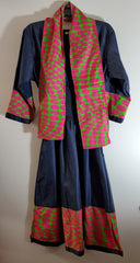 Ladies African Pink/Green Print Elastic Waist Denim Dress