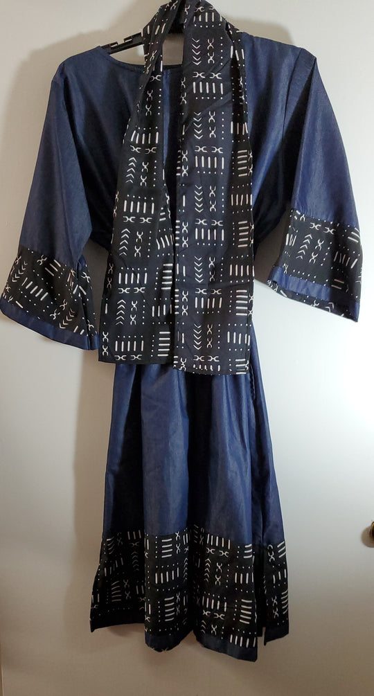 Ladies African Blue Gray Print Elastic Waist Denim Dress