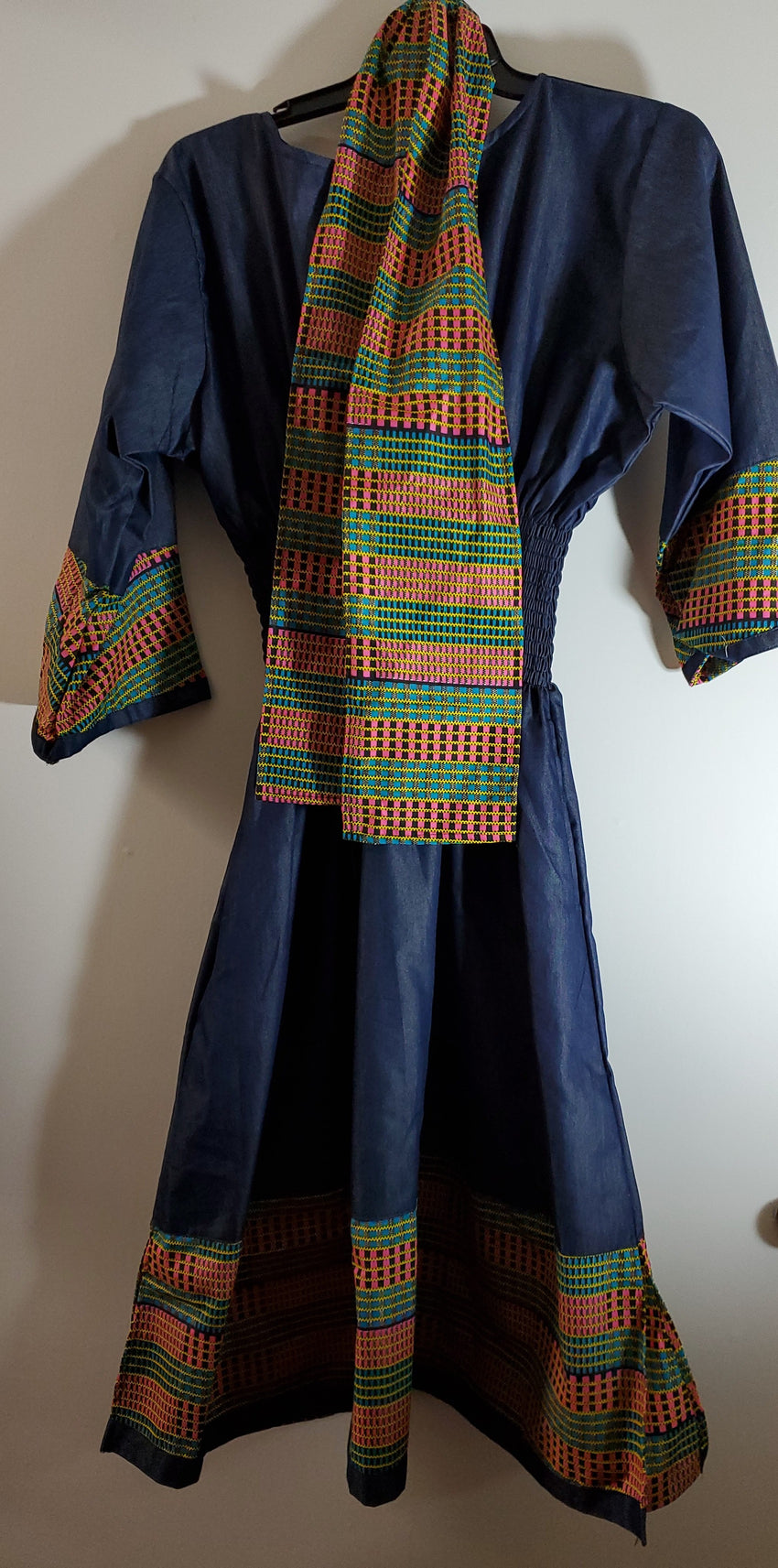 Ladies African Red/Green Print Elastic Waist Denim Dress
