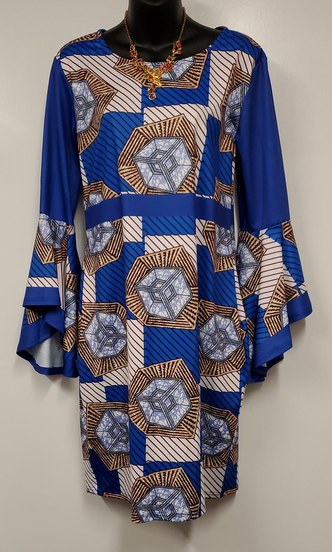 Ladies Royal Blue African Print Dress with Ruffle Sleeves