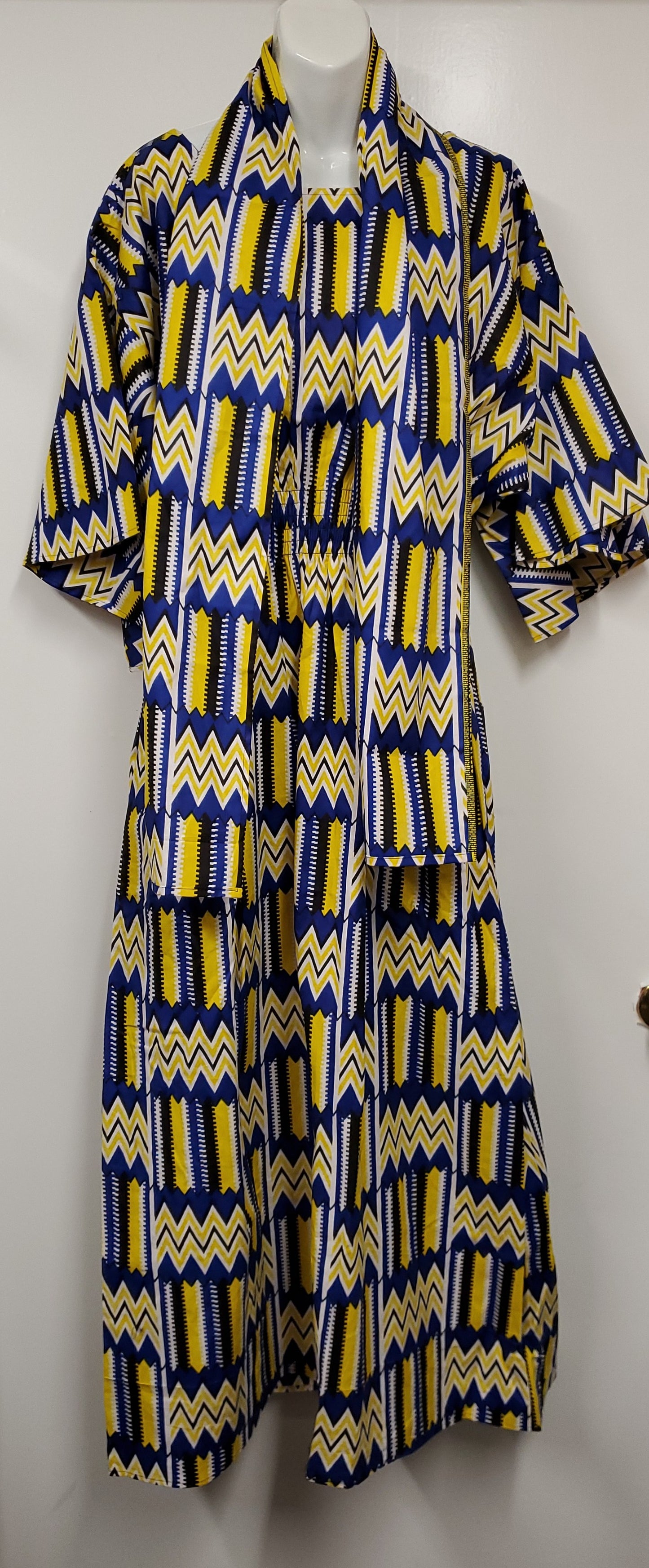 Ladies African Blue/Yellow Print Maxi Dress with Scarf