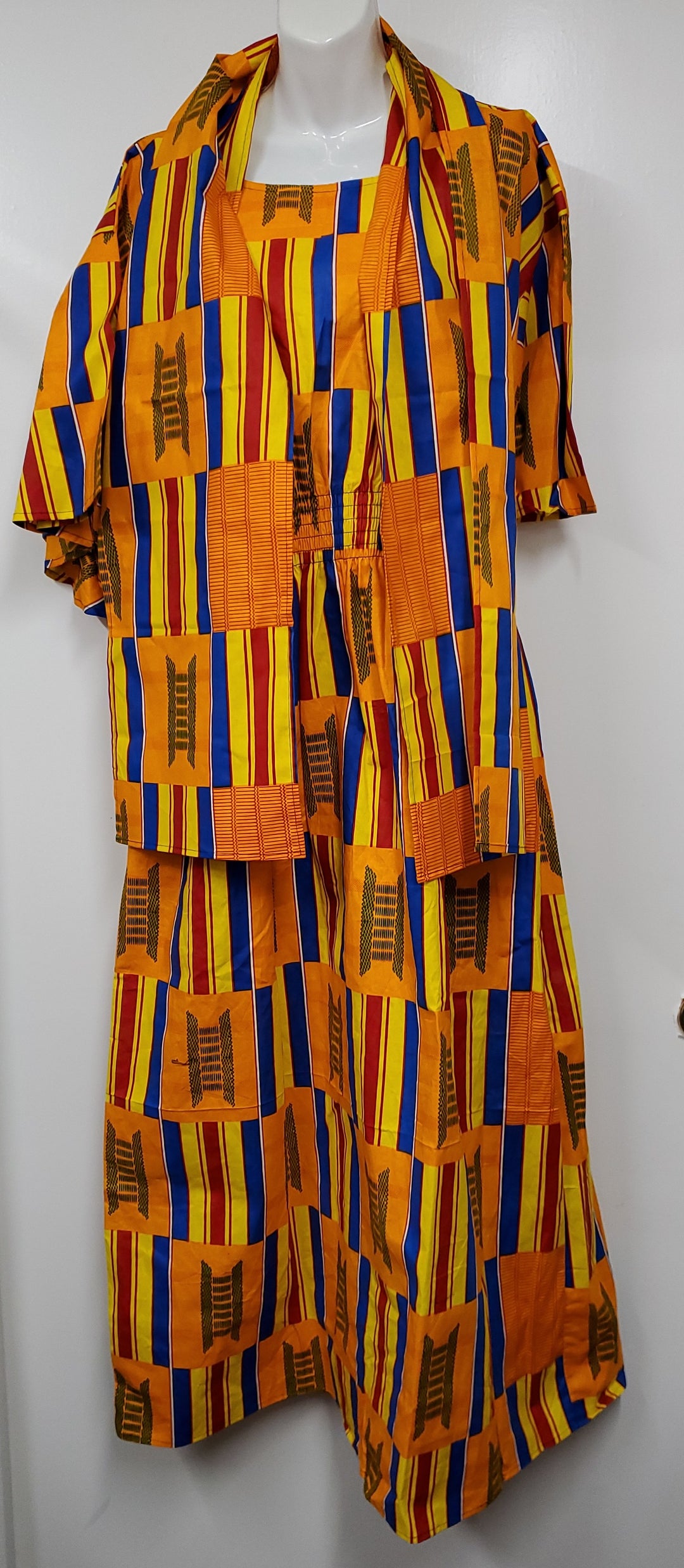 Ladies African Orange/Yellow Print Maxi Dress with Scarf