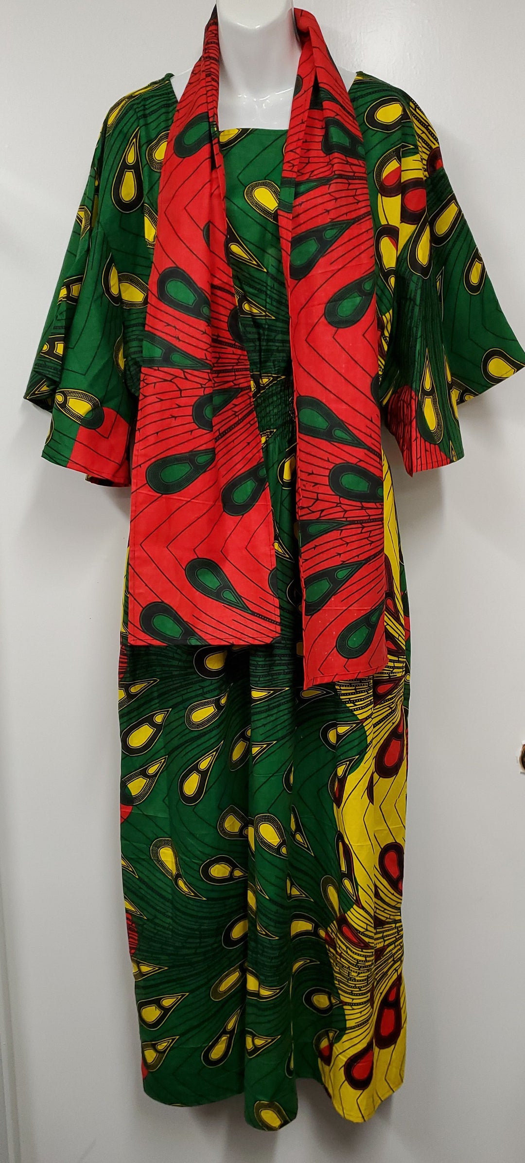Ladies African Green/Yellow Print Maxi Dress with Scarf