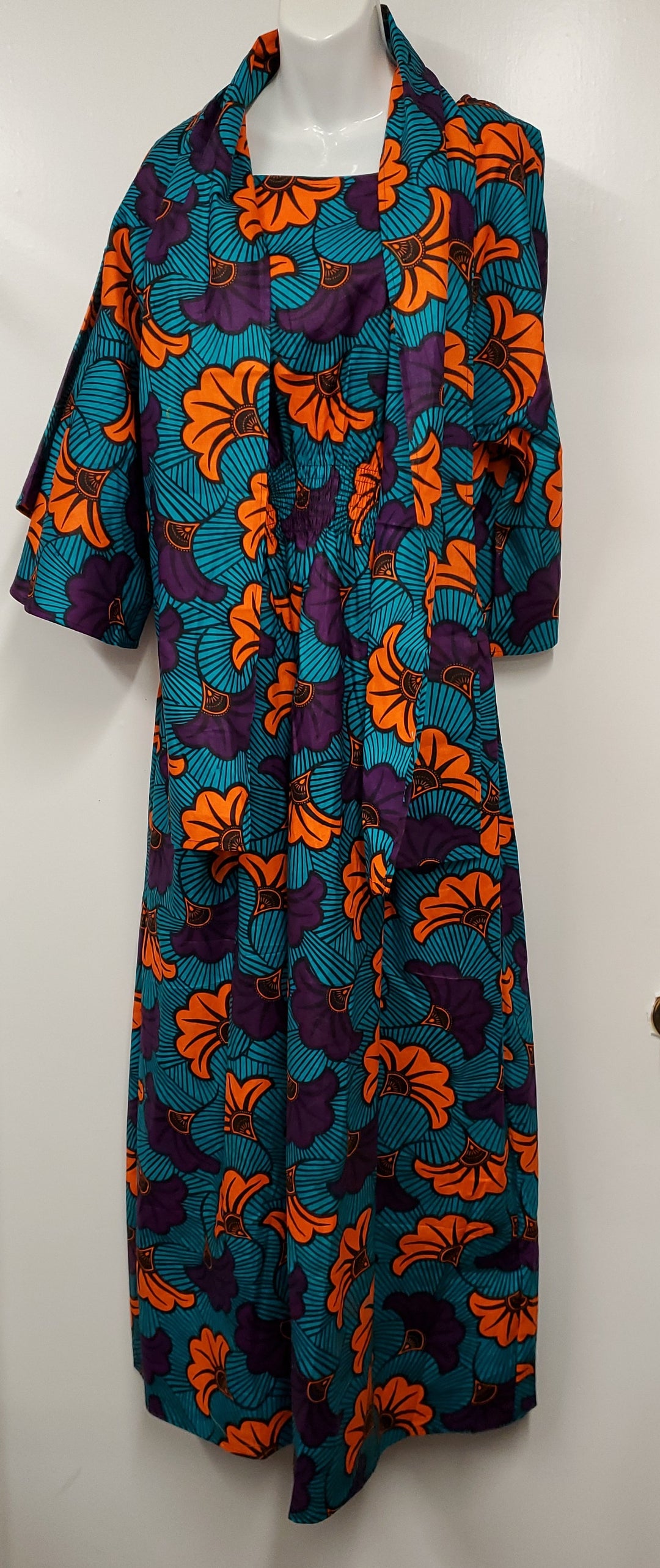Ladies African Orange/Turquoise Print Maxi Dress with Scarf