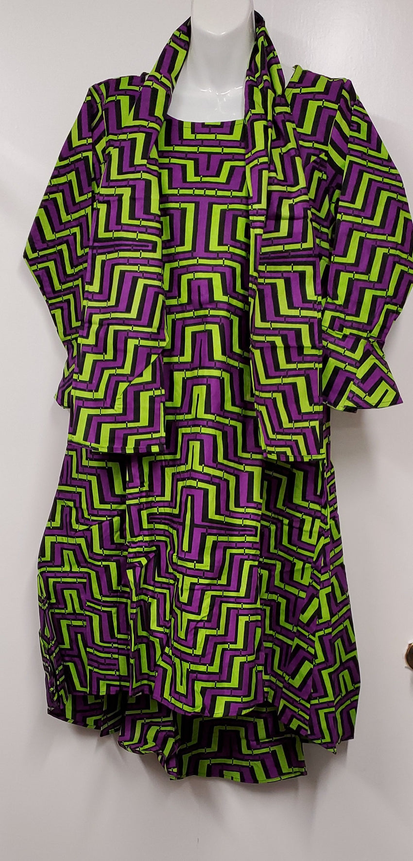 Ladies African Green/Purple Print Dress with Scarf