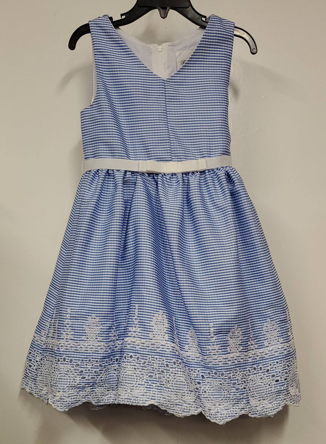 Toddler Blue/White Striped Dress with Embroidery Bottom